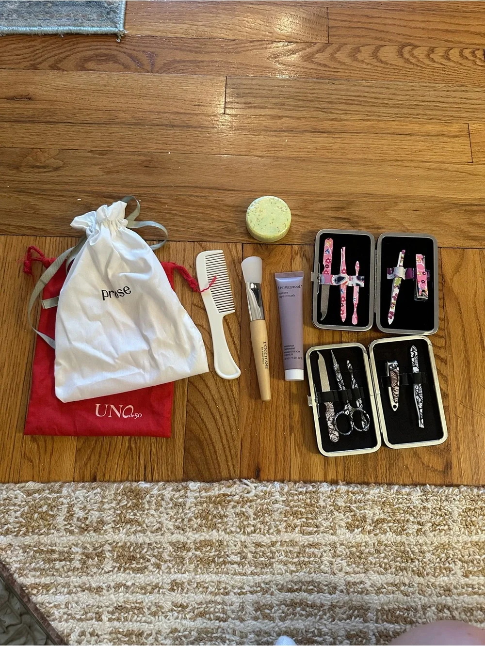 Manicure & Beauty Set with Floral Tools and Brushes - Pink, White, Natural Wood